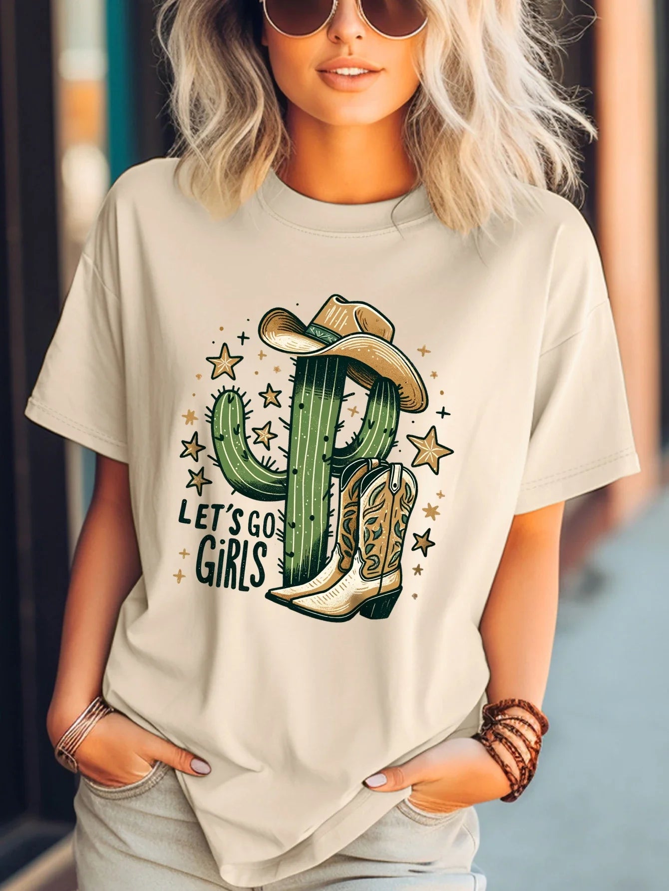 Retro Cute Western Cowboy With Hat Cactus And Stars Print T - shirt, Short Sleeve Crew Neck Casual Top For Summer & Spring - Lucien Store