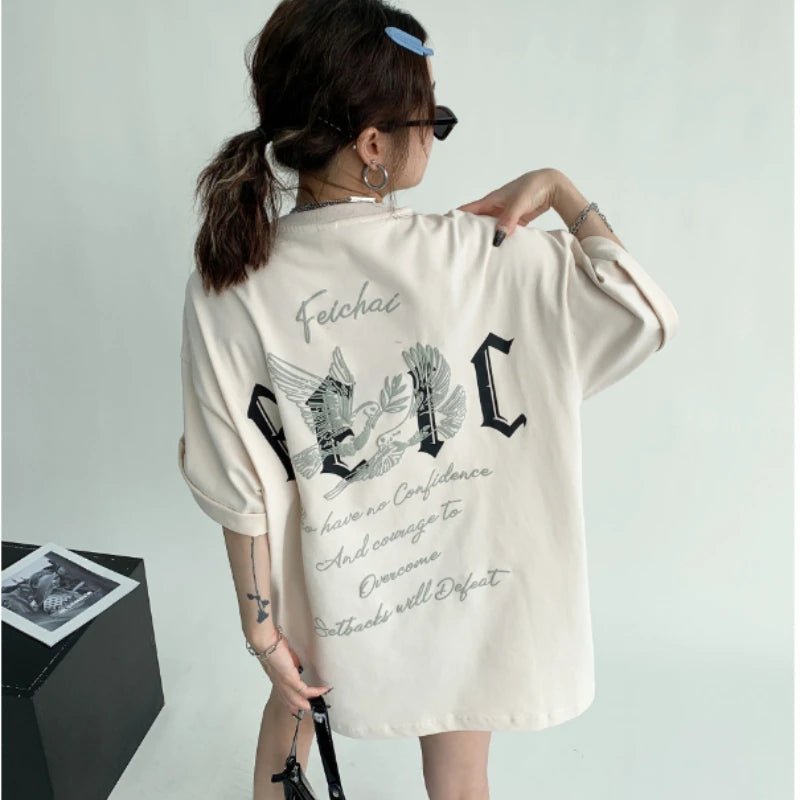Summer Ins American Retro Printed Graphic T - shirt Summer Y2K Personalized Loose Design Women's Oversized T - shirt Tops - Lucien Store