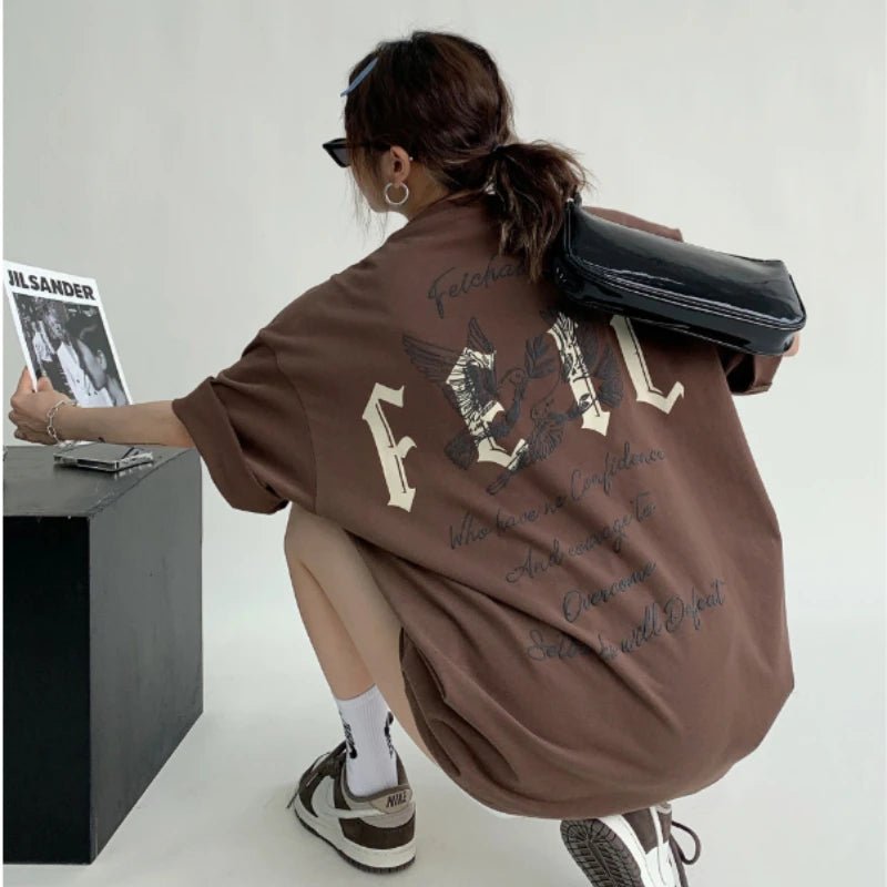 Summer Ins American Retro Printed Graphic T - shirt Summer Y2K Personalized Loose Design Women's Oversized T - shirt Tops - Lucien Store