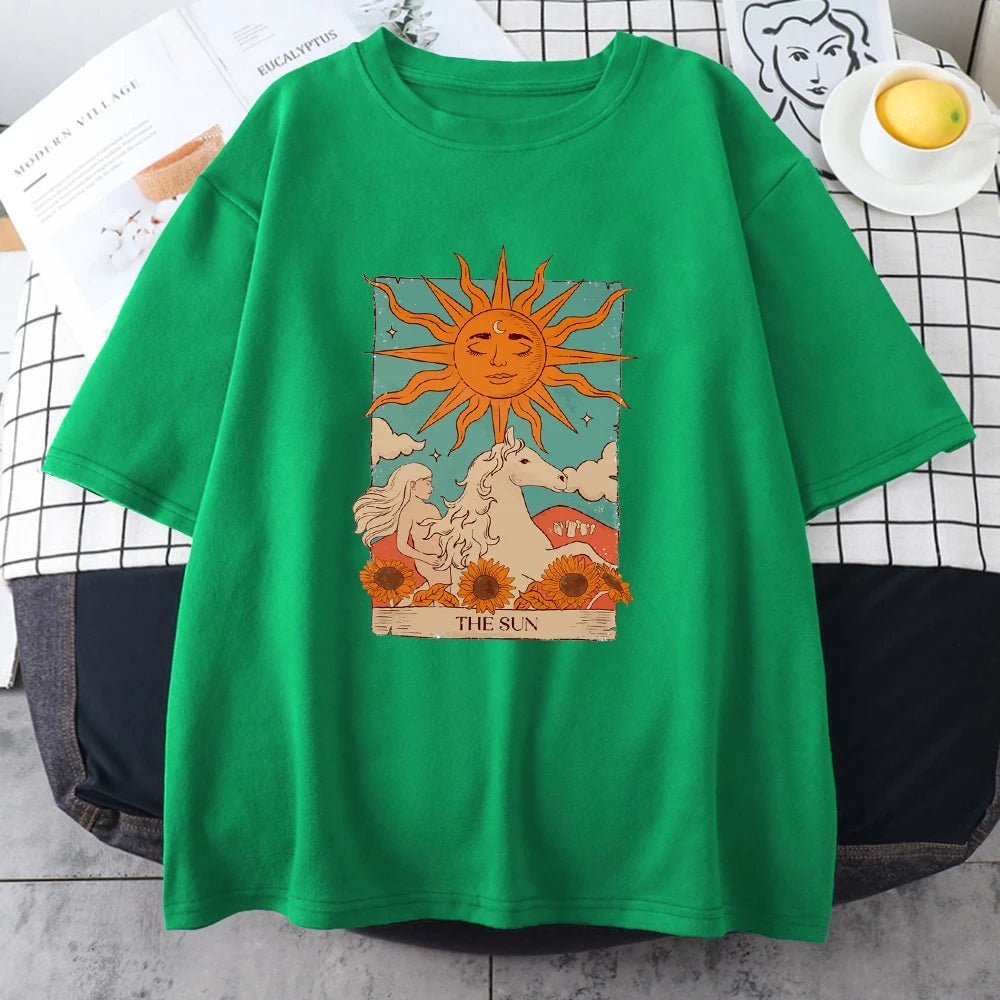 Tarot Card Art The Sun Male Cotton T Shirt High Street Vintage Clothing Breathable Casual O - Neck Short Sleeve Mens Cotton Tops - Lucien Store