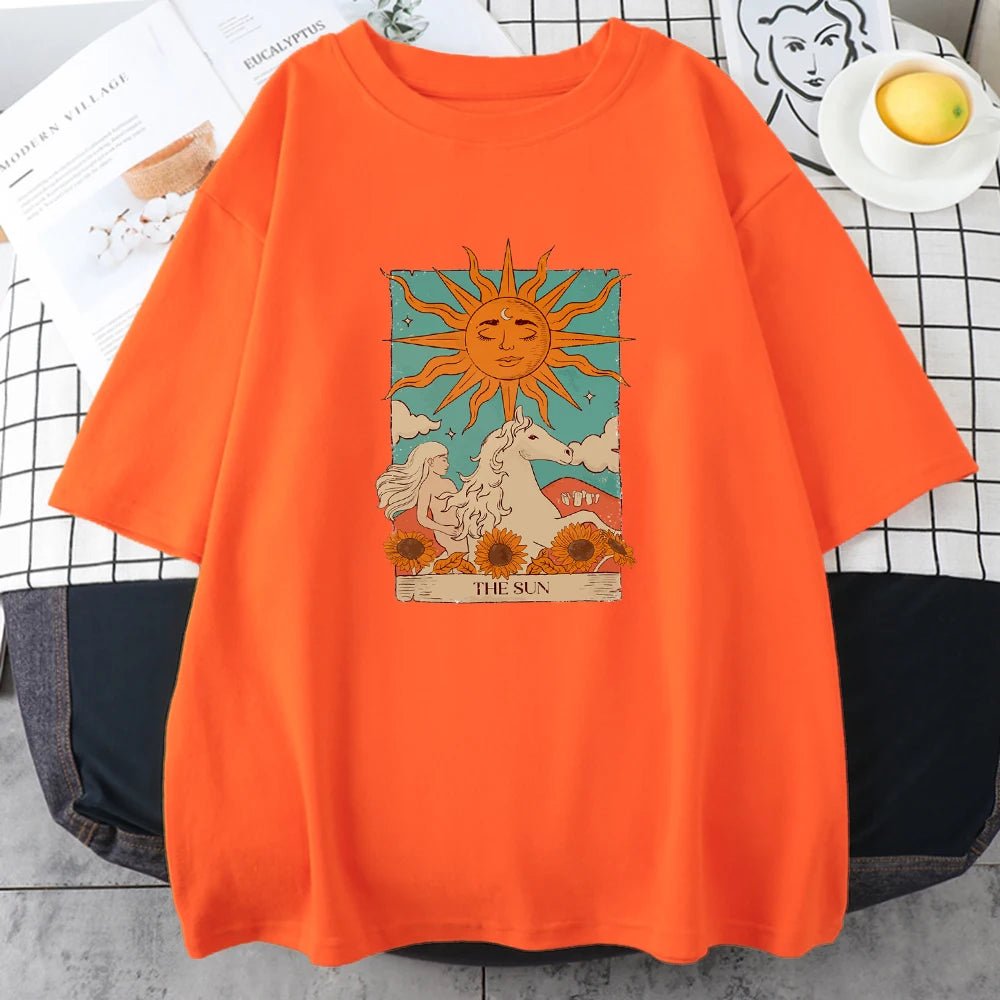 Tarot Card Art The Sun Male Cotton T Shirt High Street Vintage Clothing Breathable Casual O - Neck Short Sleeve Mens Cotton Tops - Lucien Store