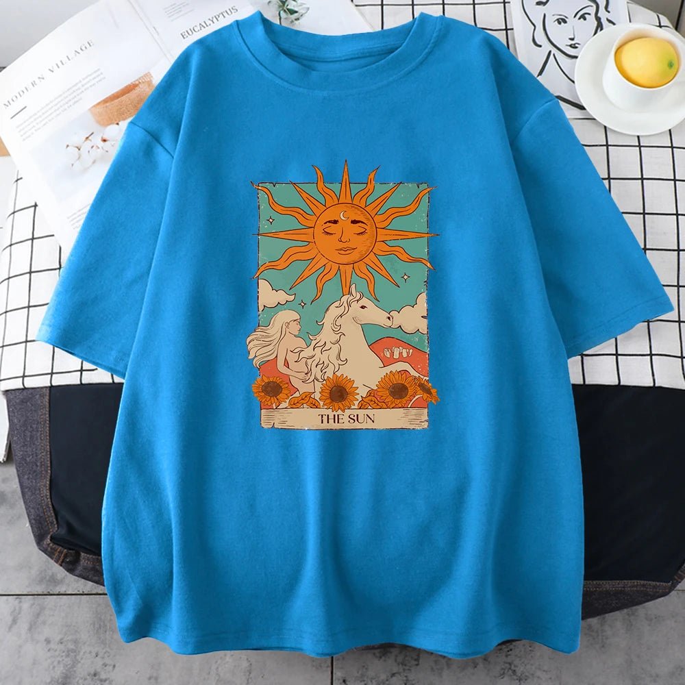 Tarot Card Art The Sun Male Cotton T Shirt High Street Vintage Clothing Breathable Casual O - Neck Short Sleeve Mens Cotton Tops - Lucien Store