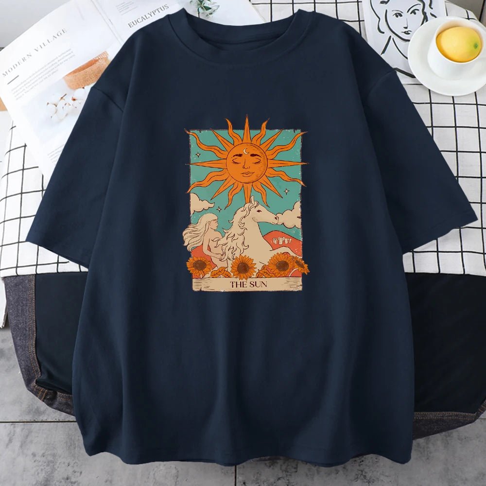 Tarot Card Art The Sun Male Cotton T Shirt High Street Vintage Clothing Breathable Casual O - Neck Short Sleeve Mens Cotton Tops - Lucien Store