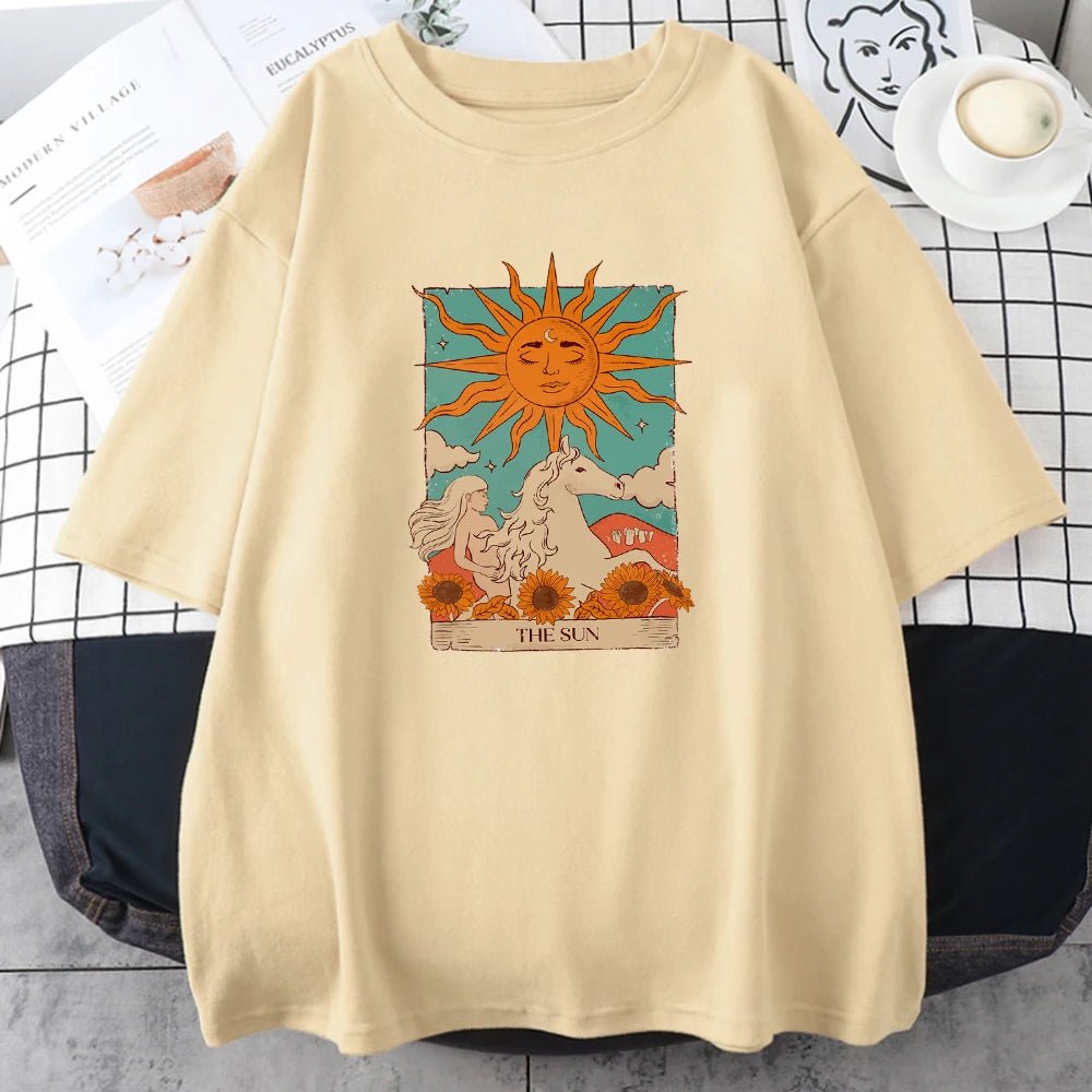 Tarot Card Art The Sun Male Cotton T Shirt High Street Vintage Clothing Breathable Casual O - Neck Short Sleeve Mens Cotton Tops - Lucien Store