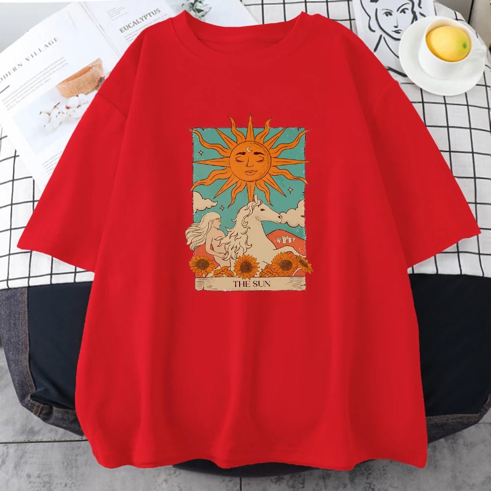 Tarot Card Art The Sun Male Cotton T Shirt High Street Vintage Clothing Breathable Casual O - Neck Short Sleeve Mens Cotton Tops - Lucien Store