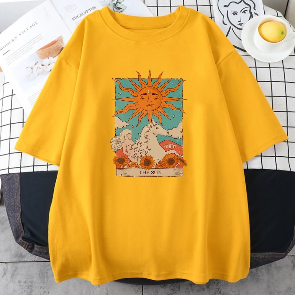 Tarot Card Art The Sun Male Cotton T Shirt High Street Vintage Clothing Breathable Casual O - Neck Short Sleeve Mens Cotton Tops - Lucien Store