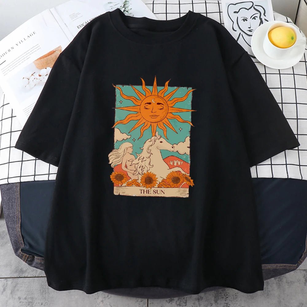 Tarot Card Art The Sun Male Cotton T Shirt High Street Vintage Clothing Breathable Casual O - Neck Short Sleeve Mens Cotton Tops - Lucien Store