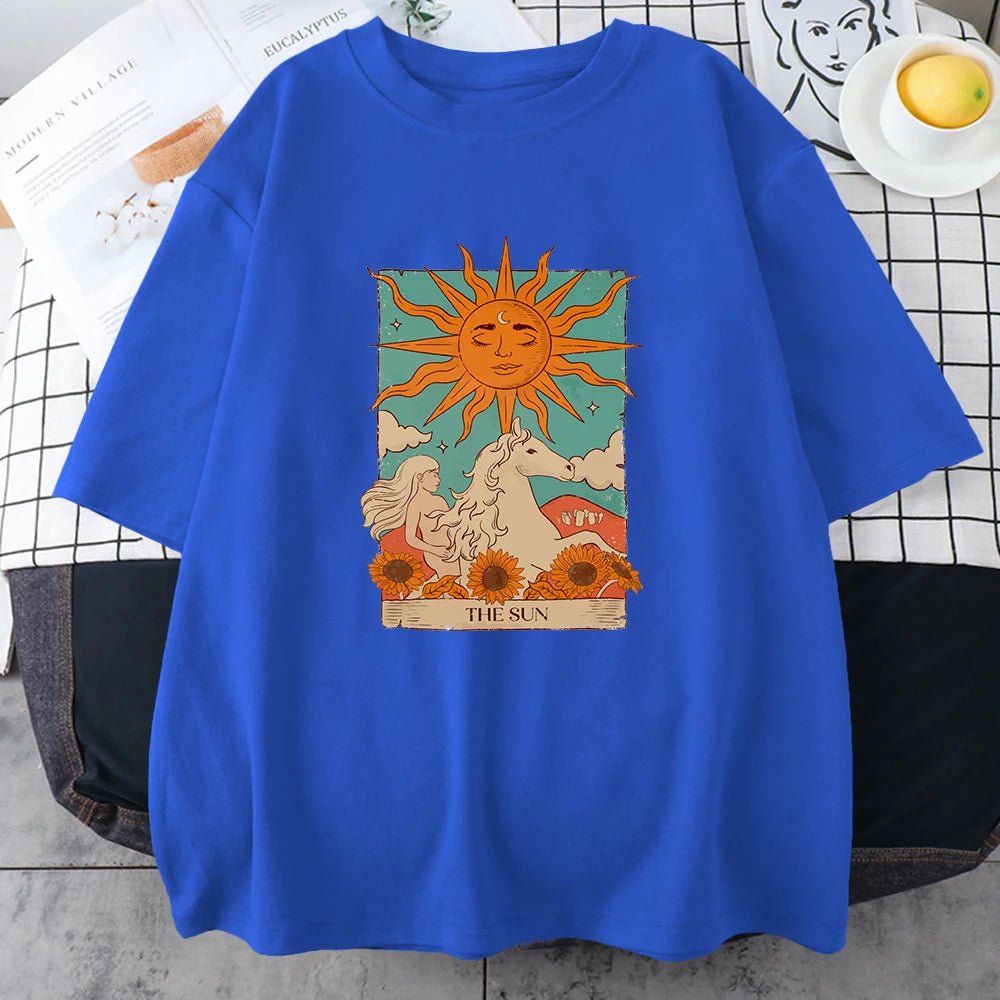 Tarot Card Art The Sun Male Cotton T Shirt High Street Vintage Clothing Breathable Casual O - Neck Short Sleeve Mens Cotton Tops - Lucien Store