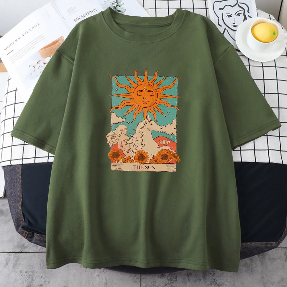 Tarot Card Art The Sun Male Cotton T Shirt High Street Vintage Clothing Breathable Casual O - Neck Short Sleeve Mens Cotton Tops - Lucien Store