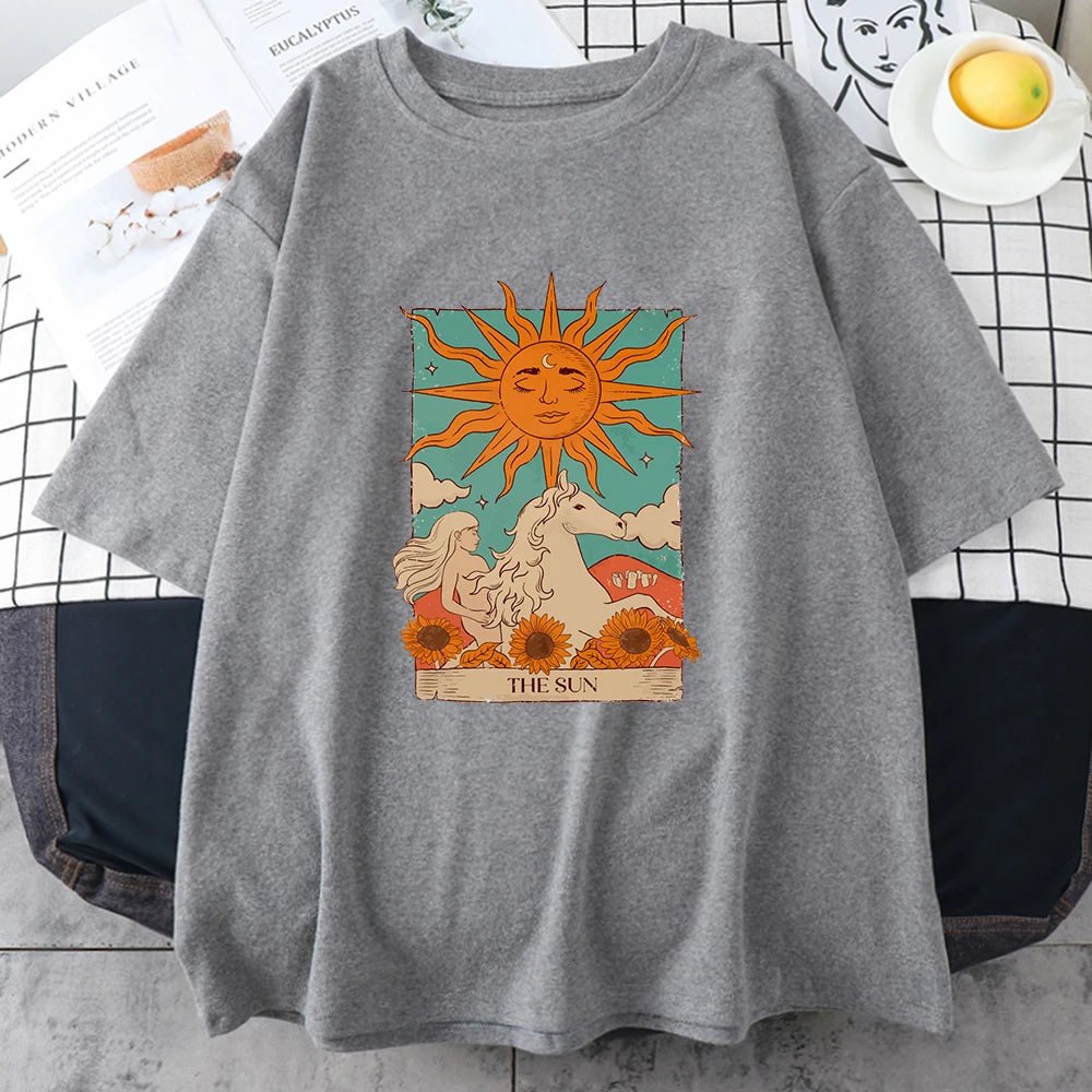 Tarot Card Art The Sun Male Cotton T Shirt High Street Vintage Clothing Breathable Casual O - Neck Short Sleeve Mens Cotton Tops - Lucien Store