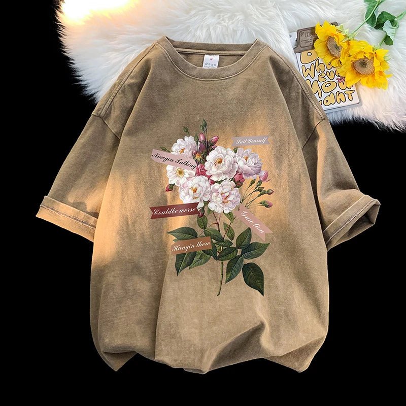 Vintage Flowers Graphic Print T - shirt Gothic Men Tshirts Washed Short Sleeved Man Tops Round Neck General Tee - Lucien Store