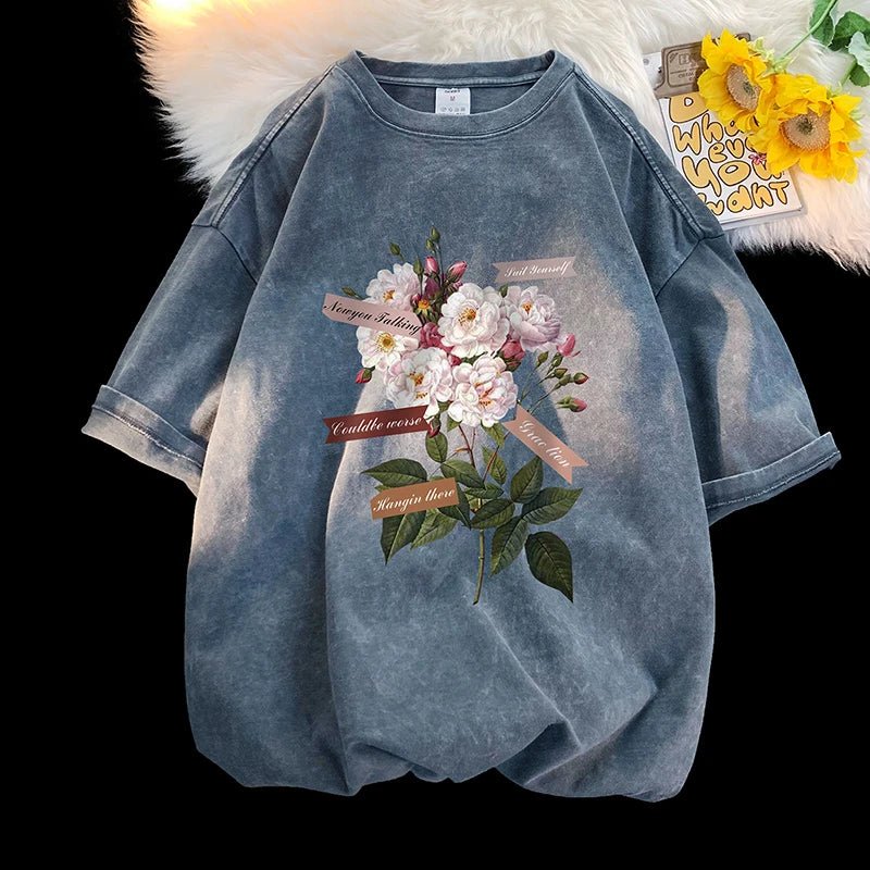 Vintage Flowers Graphic Print T - shirt Gothic Men Tshirts Washed Short Sleeved Man Tops Round Neck General Tee - Lucien Store
