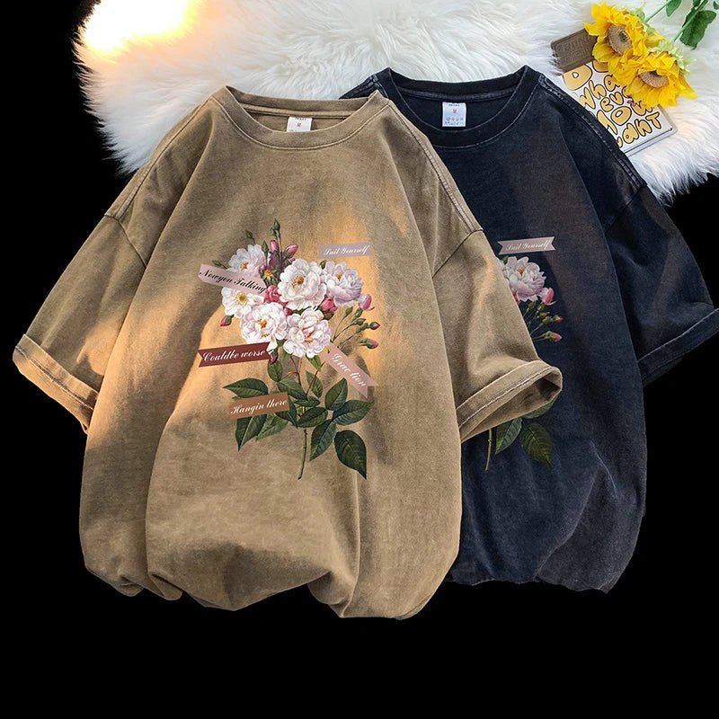 Vintage Flowers Graphic Print T - shirt Gothic Men Tshirts Washed Short Sleeved Man Tops Round Neck General Tee - Lucien Store