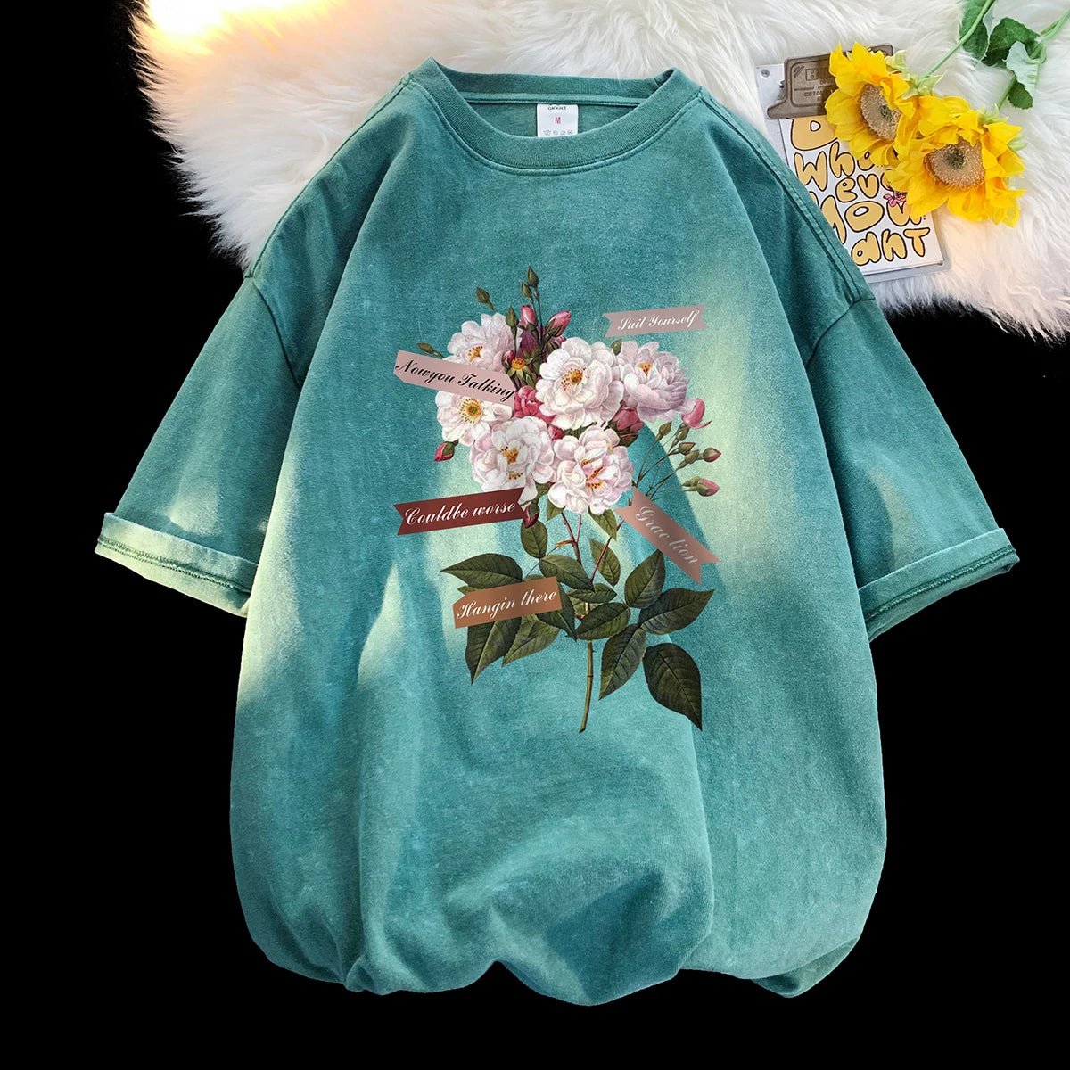 Vintage Flowers Graphic Print T - shirt Gothic Men Tshirts Washed Short Sleeved Man Tops Round Neck General Tee - Lucien Store