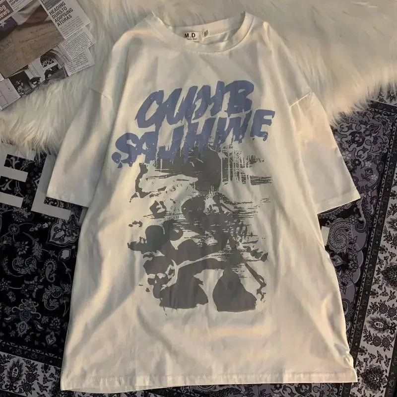 Vintage Letter Printing Oversized Short Sleeve Women TShirt Man Hip Hop Short Sleeve Streetwear T - shirt Clothes Loose Tee - Lucien Store