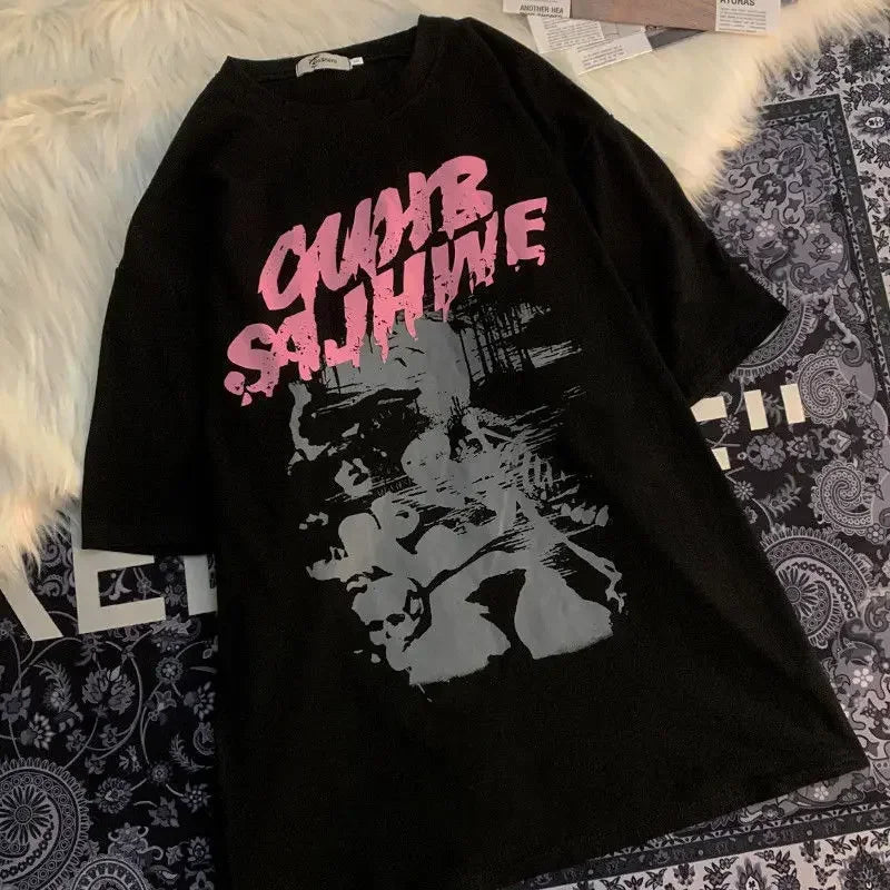 Vintage Letter Printing Oversized Short Sleeve Women TShirt Man Hip Hop Short Sleeve Streetwear T - shirt Clothes Loose Tee - Lucien Store