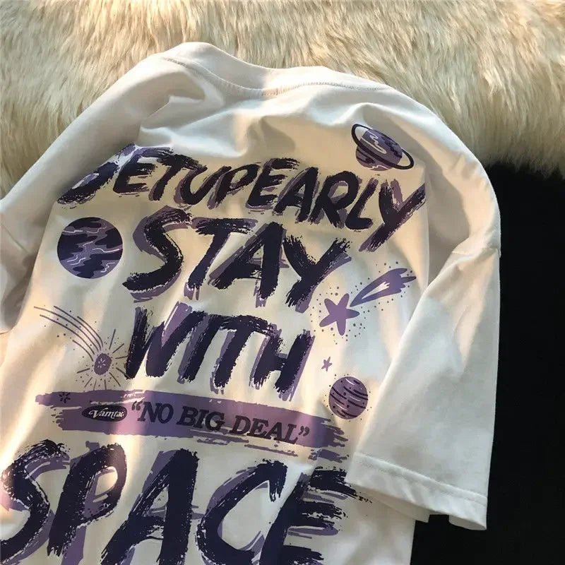 Vintage Letter Printing Oversized Short Sleeve Women TShirt Man Hip Hop Short Sleeve Streetwear T - shirt Clothes Loose Tee - Lucien Store