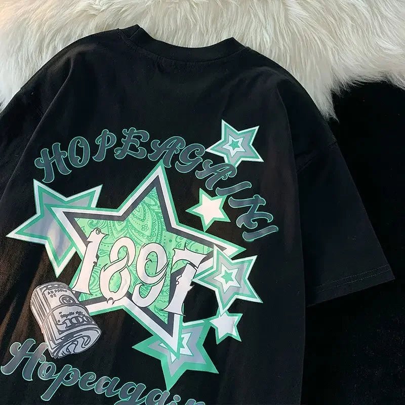Vintage Letter Printing Oversized Short Sleeve Women TShirt Man Hip Hop Short Sleeve Streetwear T - shirt Clothes Loose Tee - Lucien Store