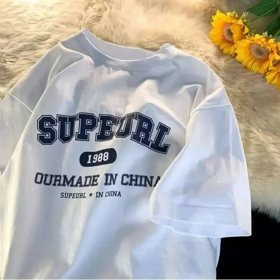 Vintage Letter Printing Oversized Short Sleeve Women TShirt Man Hip Hop Short Sleeve Streetwear T - shirt Clothes Loose Tee - Lucien Store