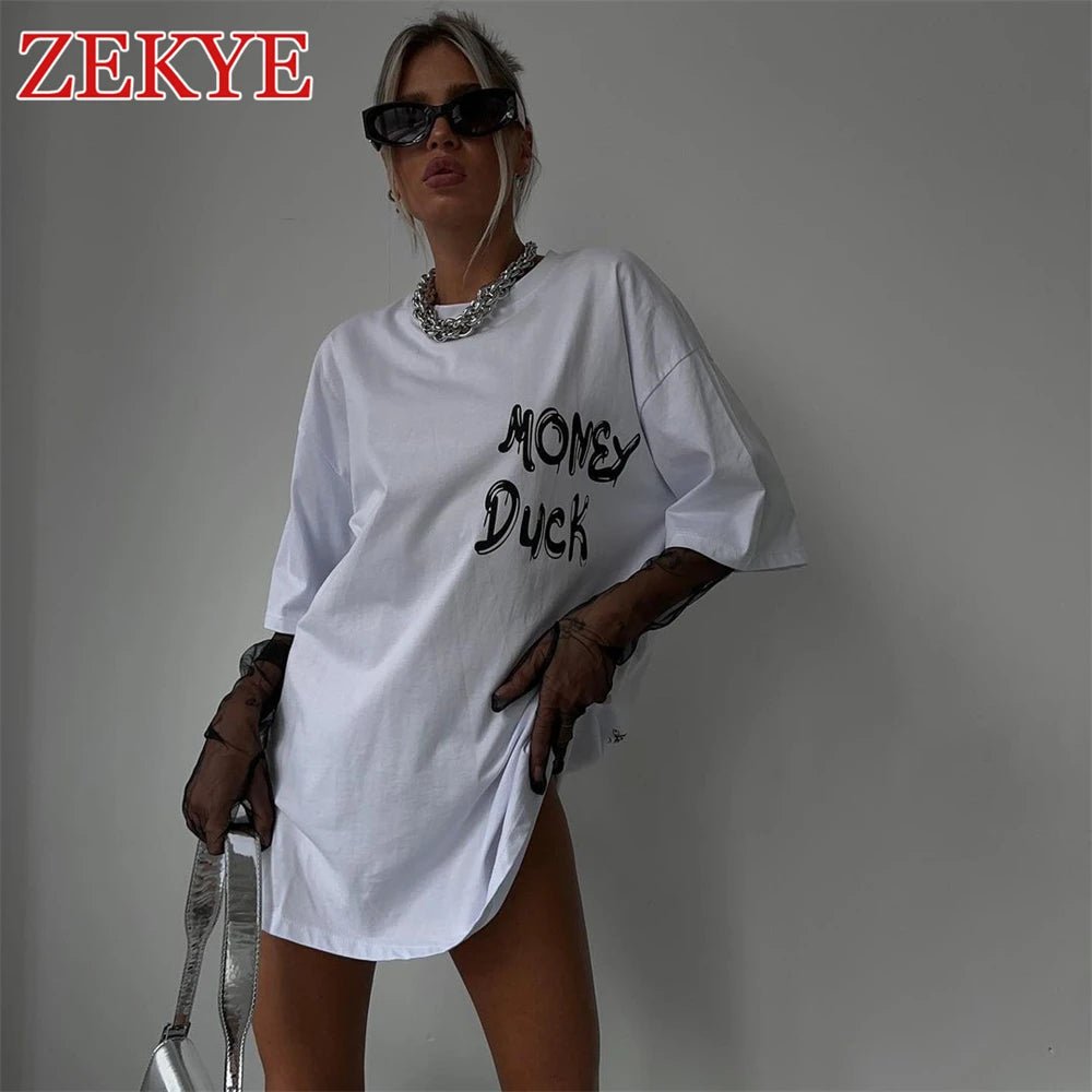 Zekye Basic Casual White T Shirt For Women Summer Printed Pullover Loose Korean Style 90S Aesthetic Streetwear Fashion O Neck - Lucien Store