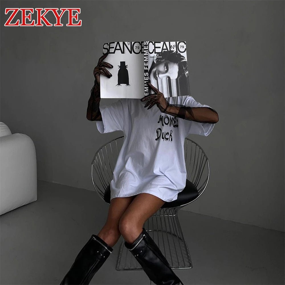 Zekye Basic Casual White T Shirt For Women Summer Printed Pullover Loose Korean Style 90S Aesthetic Streetwear Fashion O Neck - Lucien Store