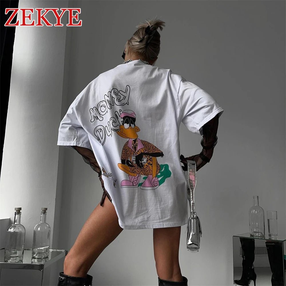 Zekye Basic Casual White T Shirt For Women Summer Printed Pullover Loose Korean Style 90S Aesthetic Streetwear Fashion O Neck - Lucien Store