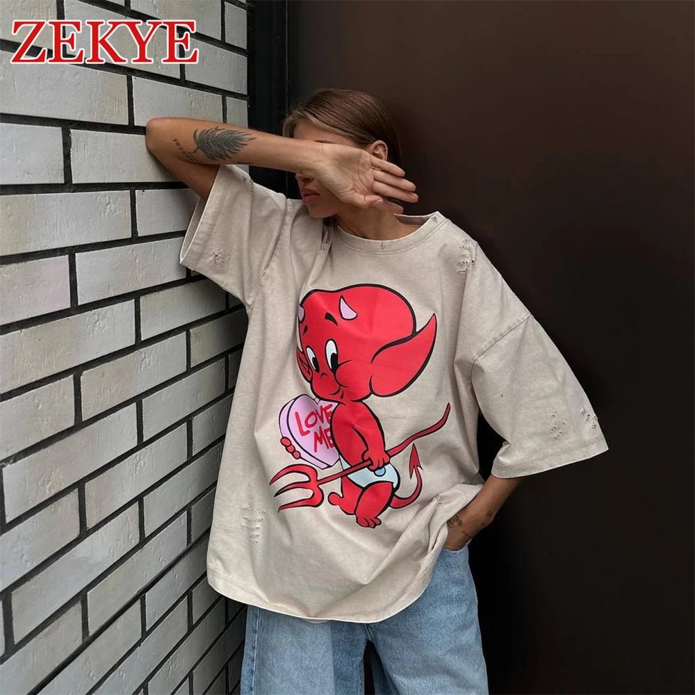Zekye Demon Printed Retro Khaki Tshirt Oversized Ripped Distressed Fashion Basic Summer T Shirt Women Graphic Aesthetic Basic - Lucien Store