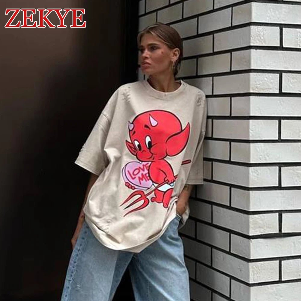 Zekye Demon Printed Retro Khaki Tshirt Oversized Ripped Distressed Fashion Basic Summer T Shirt Women Graphic Aesthetic Basic - Lucien Store