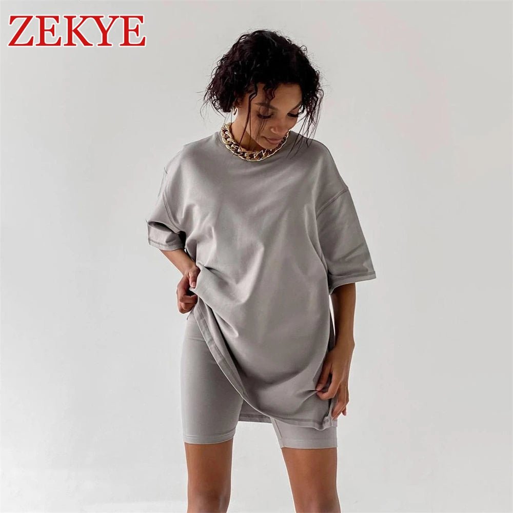 Zekye Loose Streetwear Summer Tee Shirts Women Printed Chic Oversized Tshirt Grey Aesthetic Long Basic Top 90S Korean Cotton - Lucien Store