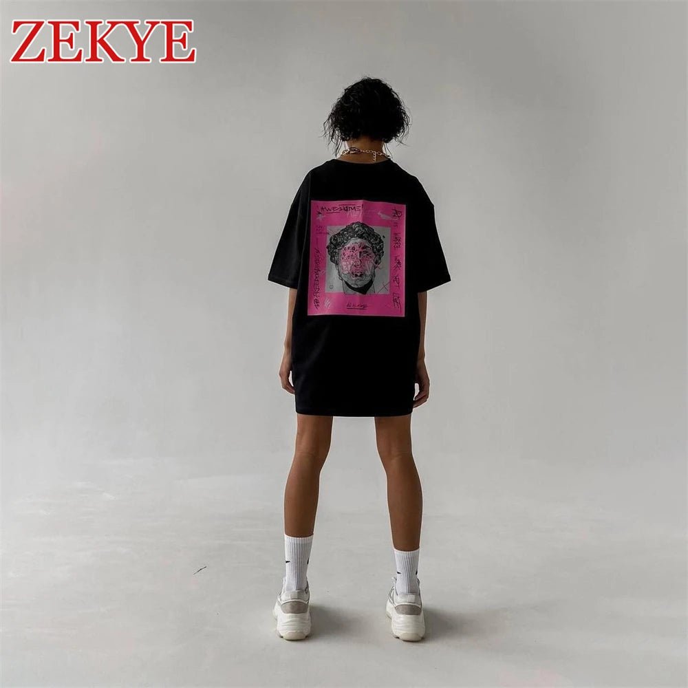 Zekye Loose Streetwear Summer Tee Shirts Women Printed Chic Oversized Tshirt Grey Aesthetic Long Basic Top 90S Korean Cotton - Lucien Store