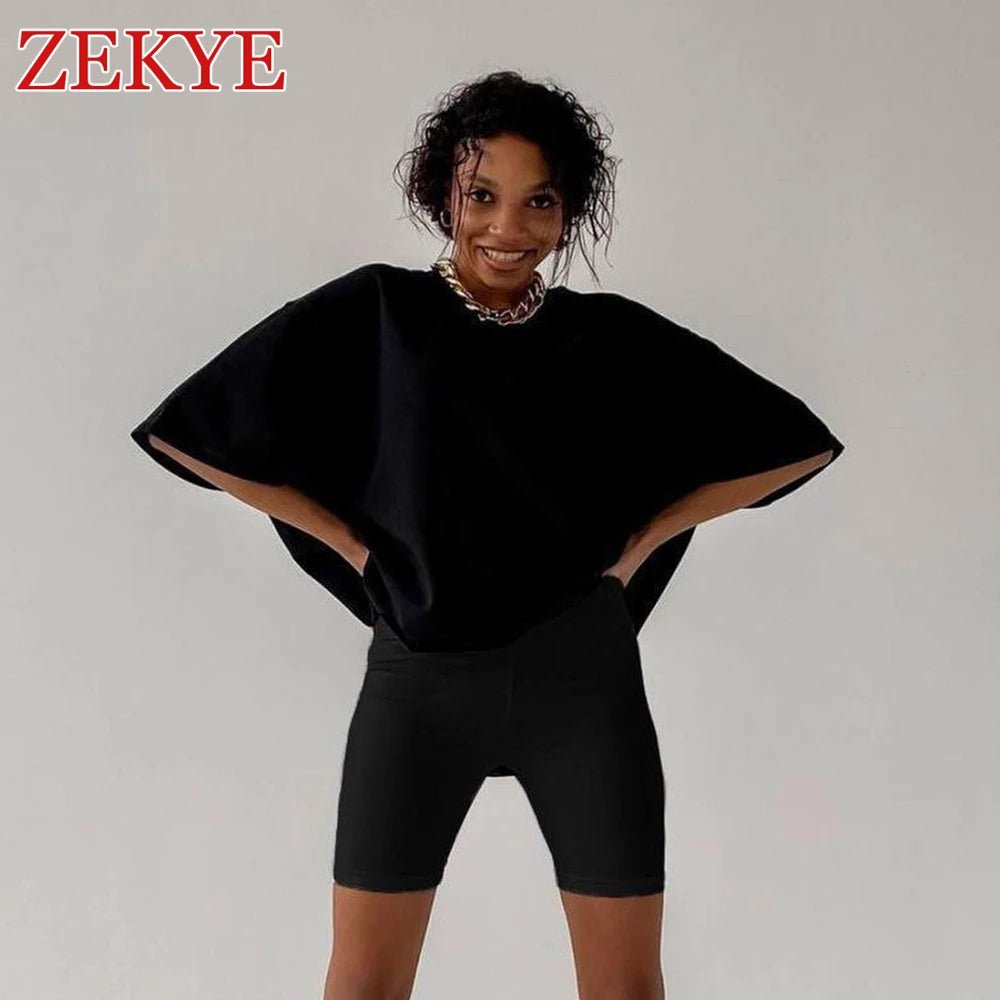 Zekye Loose Streetwear Summer Tee Shirts Women Printed Chic Oversized Tshirt Grey Aesthetic Long Basic Top 90S Korean Cotton - Lucien Store