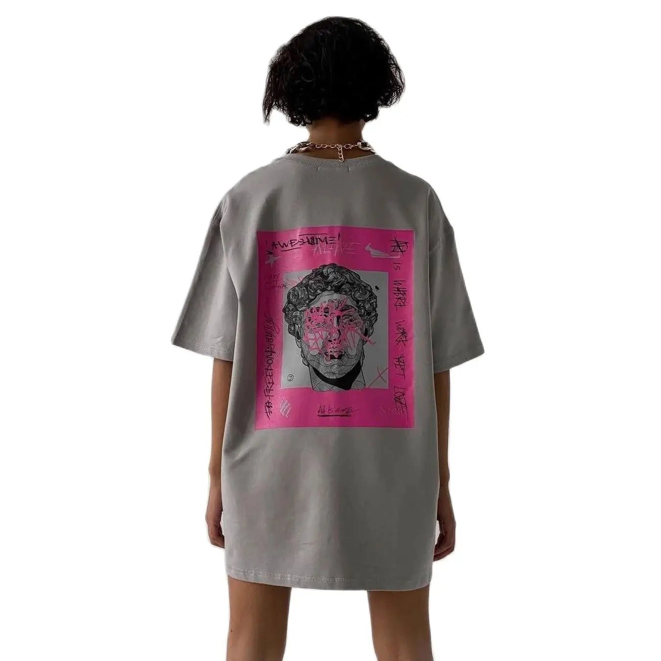 Zekye Loose Streetwear Summer Tee Shirts Women Printed Chic Oversized Tshirt Grey Aesthetic Long Basic Top 90S Korean Cotton - Lucien Store