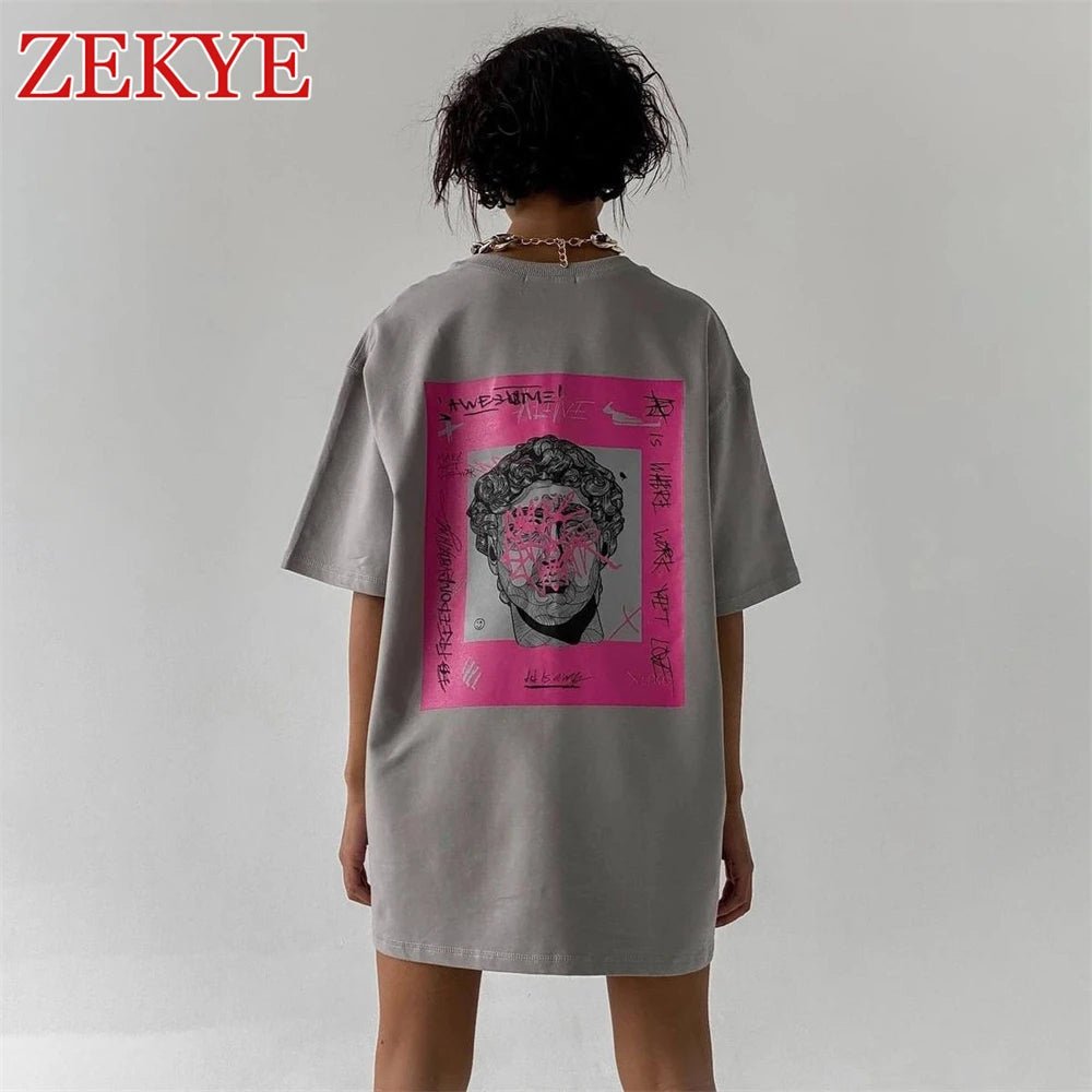 Zekye Loose Streetwear Summer Tee Shirts Women Printed Chic Oversized Tshirt Grey Aesthetic Long Basic Top 90S Korean Cotton - Lucien Store