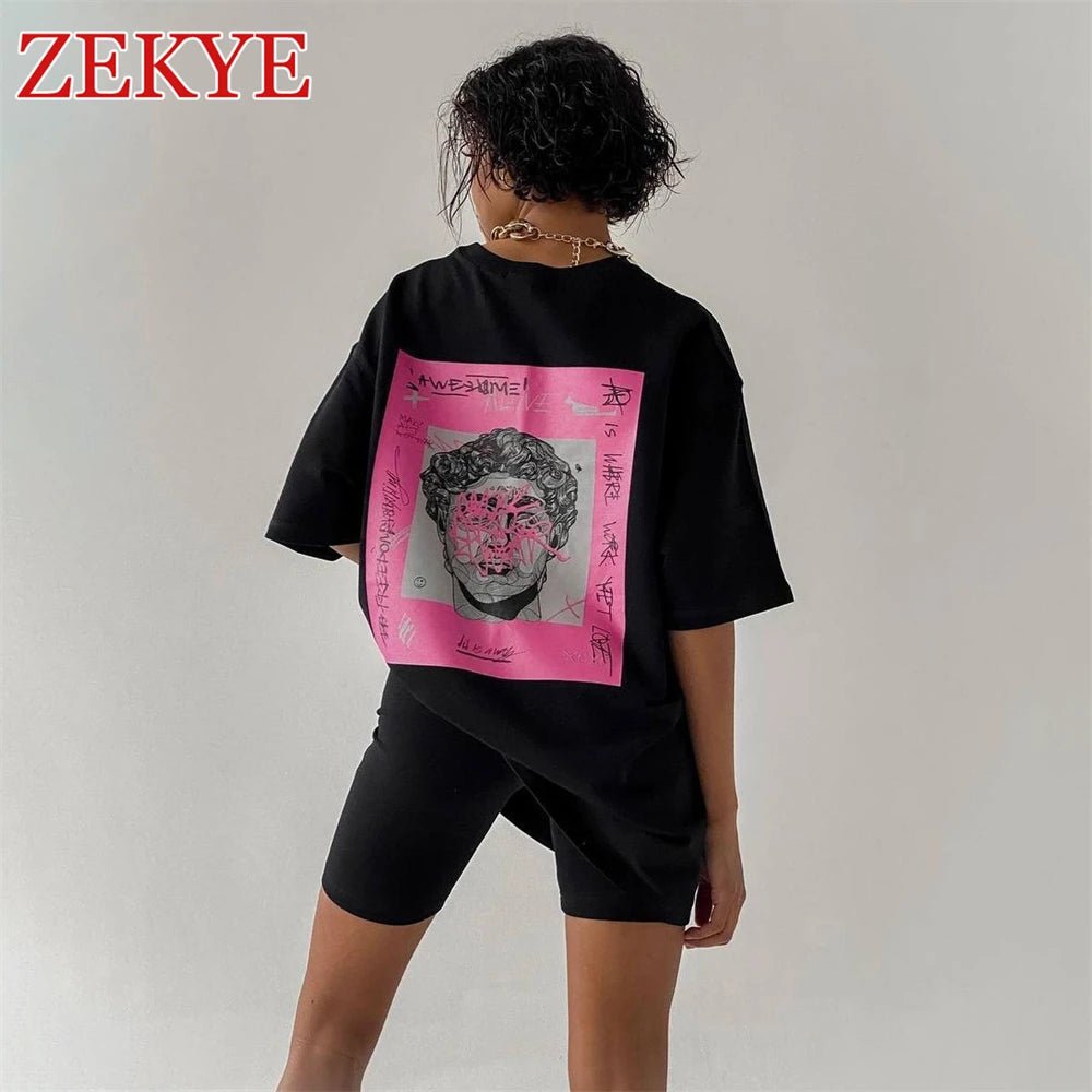 Zekye Loose Streetwear Summer Tee Shirts Women Printed Chic Oversized Tshirt Grey Aesthetic Long Basic Top 90S Korean Cotton - Lucien Store