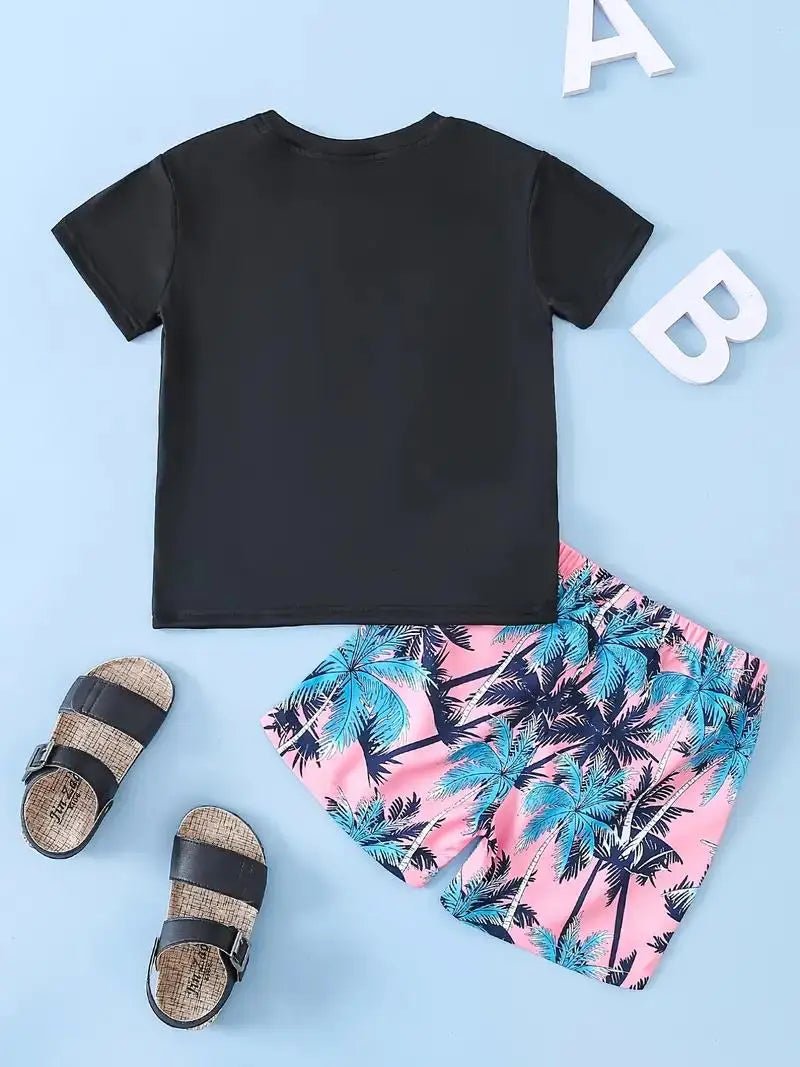 2pcs Boys T - Shirts Pocket Patchwork Short Sleeve Tees Top & Elastic Waist Coconut Tree Print Beach Shorts Set Kids Summer - Lucien Store