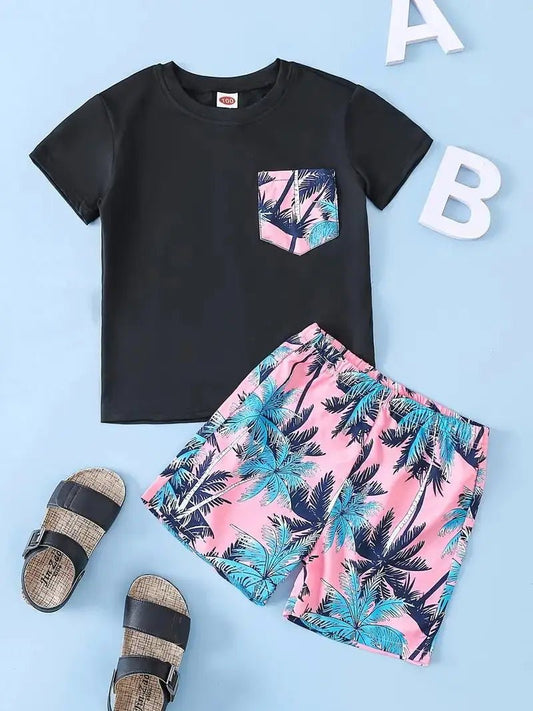 2pcs Boys T - Shirts Pocket Patchwork Short Sleeve Tees Top & Elastic Waist Coconut Tree Print Beach Shorts Set Kids Summer - Lucien Store
