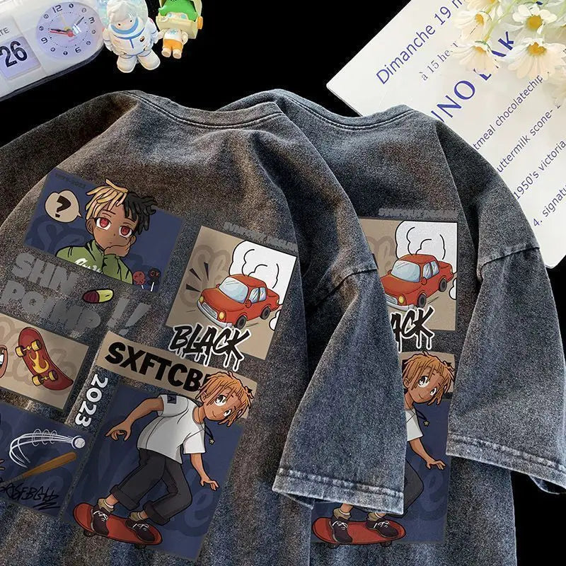 Cartoon printed short sleeve T-shirt men's retro loose couple outfit trendy tops tee