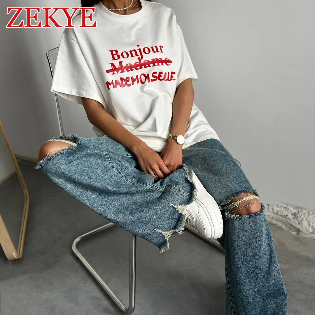 Zekye Simplicity Loose Summer White T Shirt Women Top Korean Style Basic Short Sleeve Round Neck T-shirt Casual Letter Printed