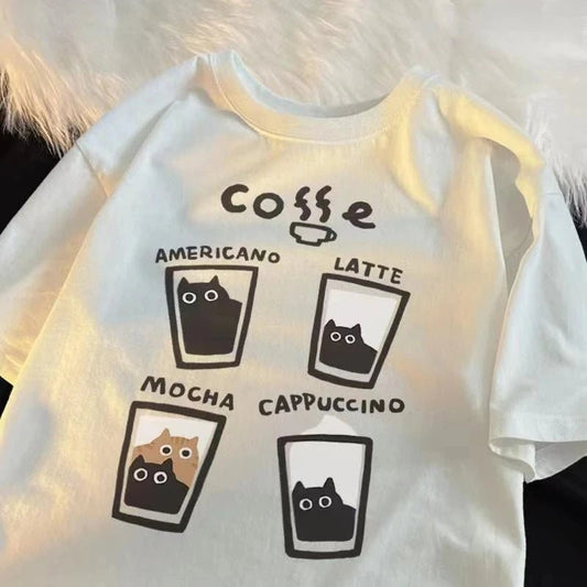 American Retro Trendy Cat Cotton T - shirt Casual Round Neck Men Women Summer Loose Couple Short Sleeved Tops Tee Harajuku Y2k - Lucien Store