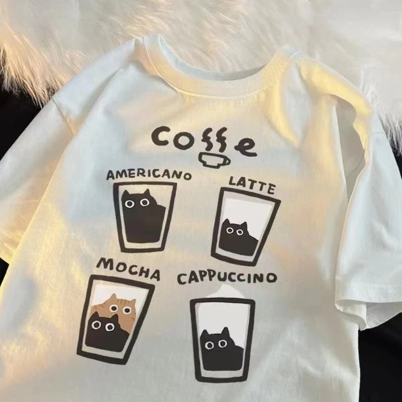 American Retro Trendy Cat Cotton T - shirt Casual Round Neck Men Women Summer Loose Couple Short Sleeved Tops Tee Harajuku Y2k - Lucien Store