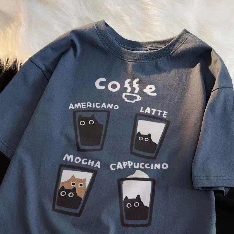 American Retro Trendy Cat Cotton T - shirt Casual Round Neck Men Women Summer Loose Couple Short Sleeved Tops Tee Harajuku Y2k - Lucien Store