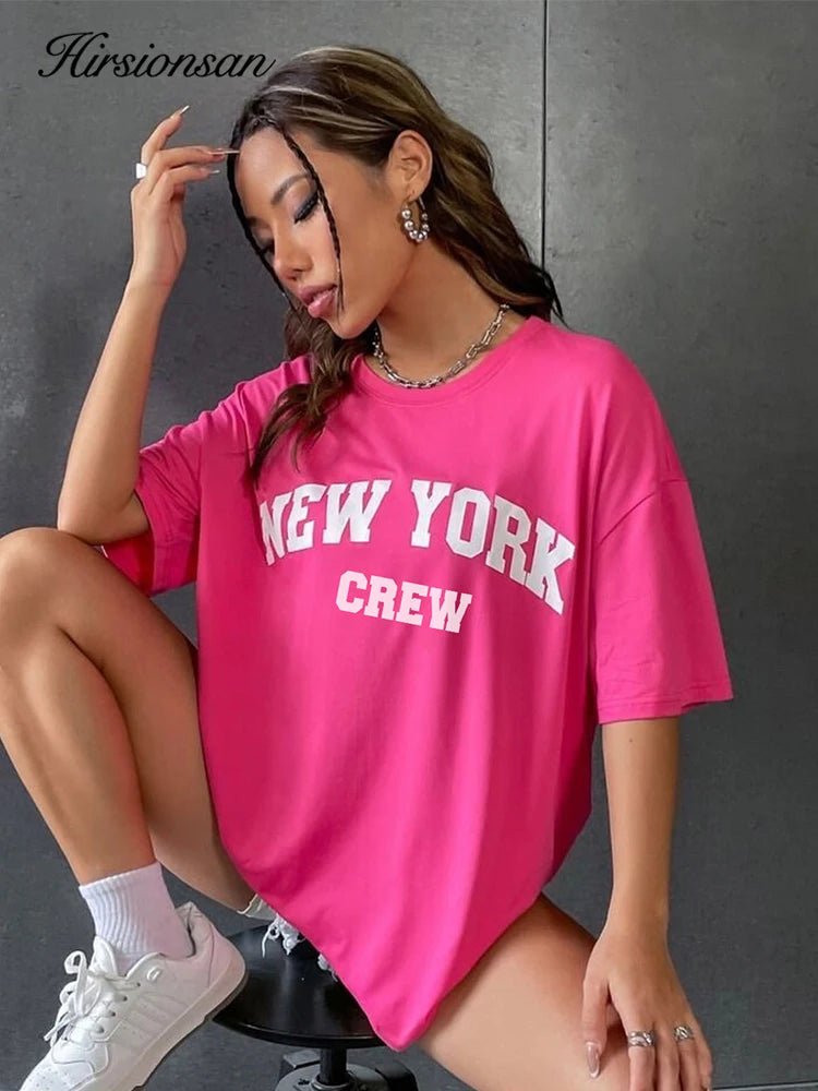 Hirsionsan Oversized Letter Graphic T - shirt Women 2023 Summer Soft O - neck Short Sleeve Tees Female Casual Loose Higt Street Top - Lucien Store