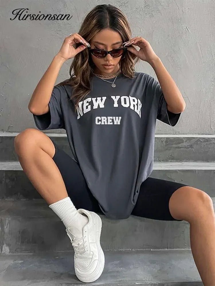 Hirsionsan Oversized Letter Graphic T - shirt Women 2023 Summer Soft O - neck Short Sleeve Tees Female Casual Loose Higt Street Top - Lucien Store
