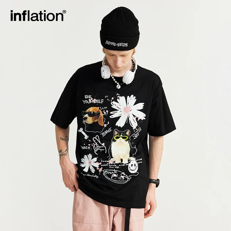 INFLATION Graffiti Cat Pet Printed Tshirts Mens Trendy Oversized Cotton Tees - Lucien Store