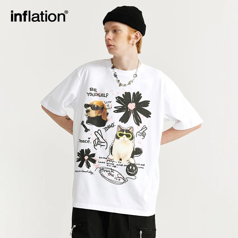INFLATION Graffiti Cat Pet Printed Tshirts Mens Trendy Oversized Cotton Tees - Lucien Store