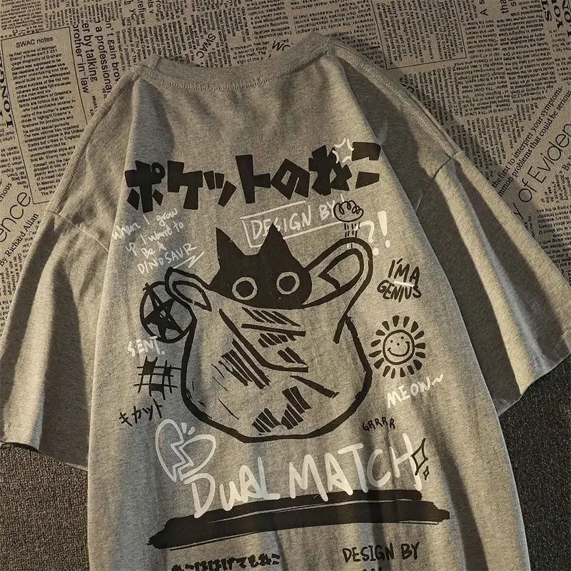 Japanese creative kitten printed short sleeved t - shirt men and women same ins summer loose casual short sleeved lovers outfit - Lucien Store