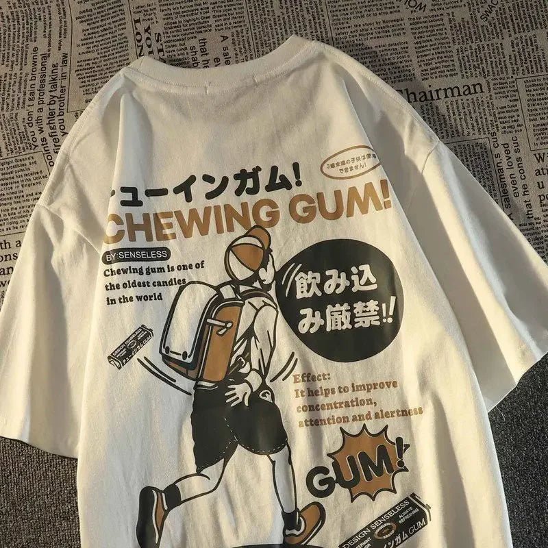 Japanese Vintage Cartoon Fashion Label Printed Short Sleeved T - shirt for Men and Women Oversize Summer Loose Casual Couple Top - Lucien Store