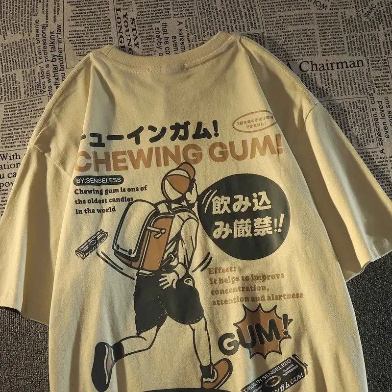 Japanese Vintage Cartoon Fashion Label Printed Short Sleeved T - shirt for Men and Women Oversize Summer Loose Casual Couple Top - Lucien Store