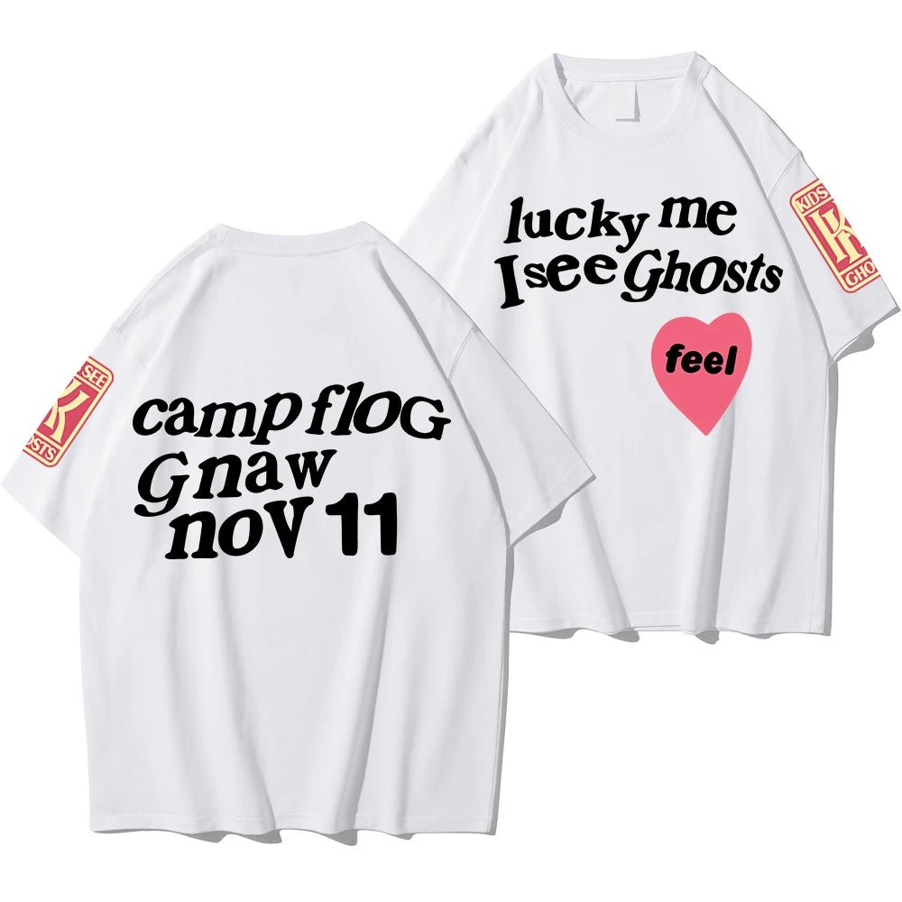 Kanye West Style Street T - Shirts For Men Loose Oversized Short Sleeves Lucky Me I See Ghosts Print Tshirt Hip Hop Clothing Women - Lucien Store