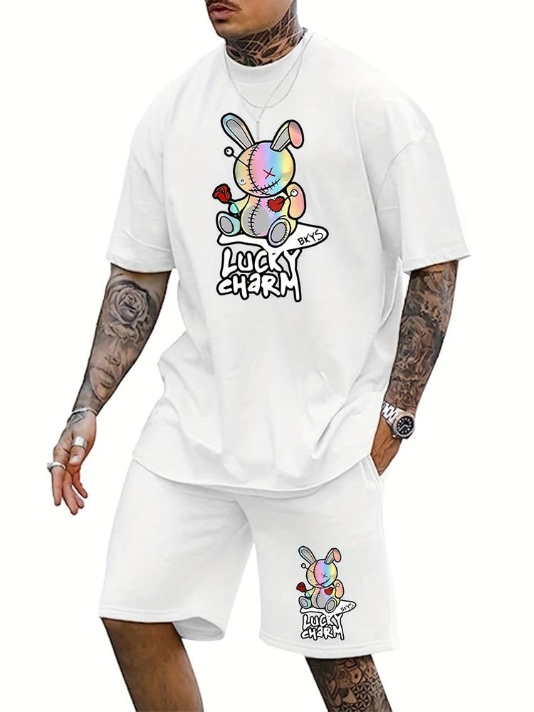Men's Summer Daily Casual Short Sleeve Shorts Set Cartoon Bunny Doll and Lucky Charm Printed T - Shirt Shorts Set Home Pajamas Set - Lucien Store